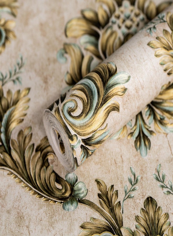 wolpin Non-Woven Wallpaper Non-Adhesive (53 x 950 CM) (Floral Design) | Ornate Embossed Floral Design Wallpaper with Texture and Shine | Beige & Aqua Wall Covering 54.18 Sq Ft - Image 1